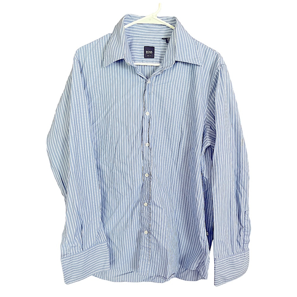 Boss‎ Hugo Boss Blue Slim Fit Striped Cotton Dress Shirt Size Large
